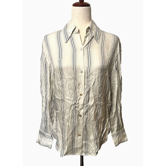 NWT $345 VINCE Women's S Button-Up Silk Blend Shirt Blouse Ivory Black Striped - Picture 1 of 8